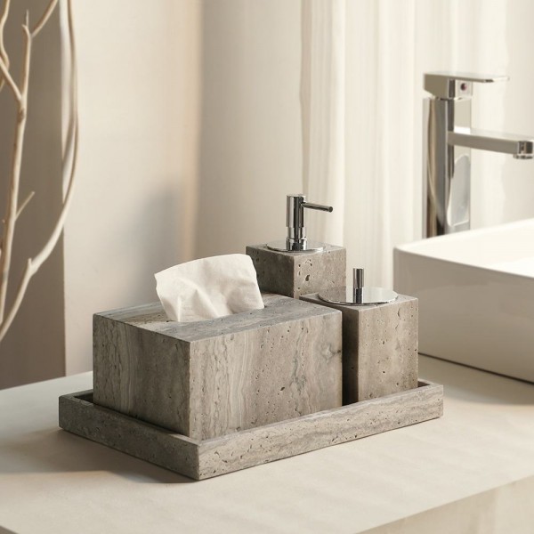 Multiple Combinations Silver Gray Travertine Stone Nature Marble Empty Bathroom Toiletries Set Amenities Kit