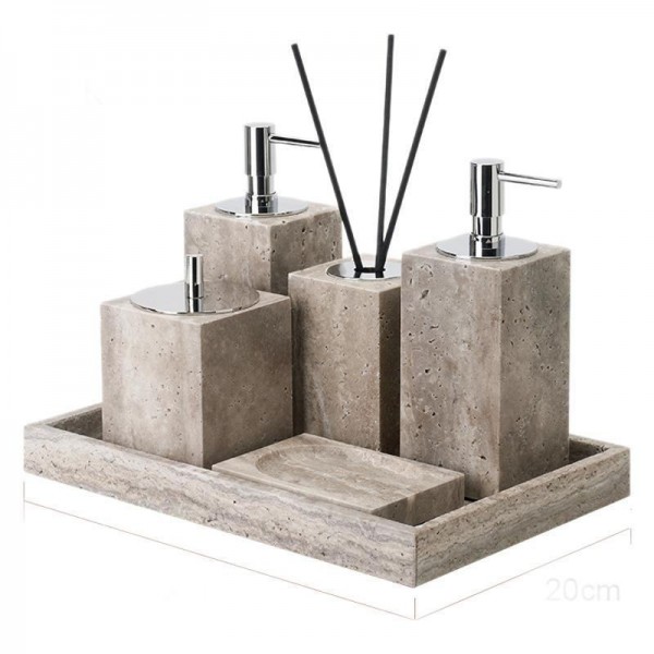 Multiple Combinations Silver Gray Travertine Stone Nature Marble Empty Bathroom Toiletries Set Amenities Kit