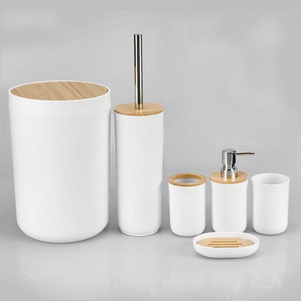 Luxurious new design, affordable 6-piece bamboo-covered white plastic bathroom accessory set for home use