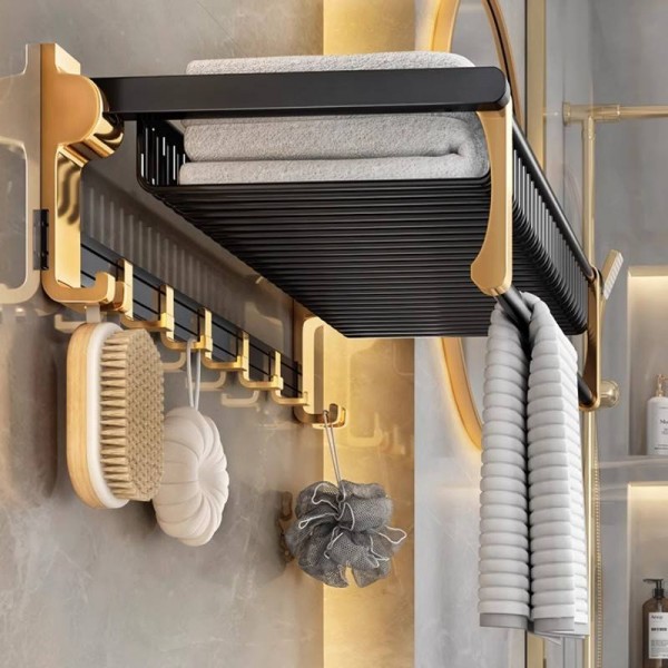 Modern Luxury Black Gold Thickened Bathroom Towel Rack, Hole-Free Bathroom Hardware Hooks, Storage Bathroom Accessories Set