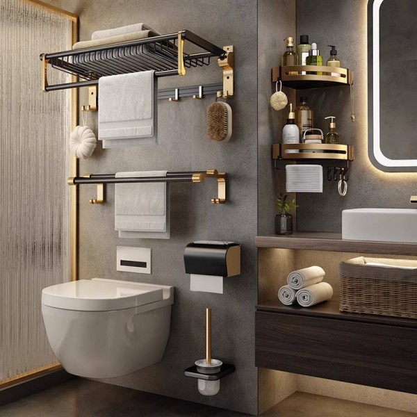 Modern Luxury Black Gold Thickened Bathroom Towel Rack, Hole-Free Bathroom Hardware Hooks, Storage Bathroom Accessories Set