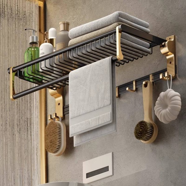 Modern Luxury Black Gold Thickened Bathroom Towel Rack, Hole-Free Bathroom Hardware Hooks, Storage Bathroom Accessories Set