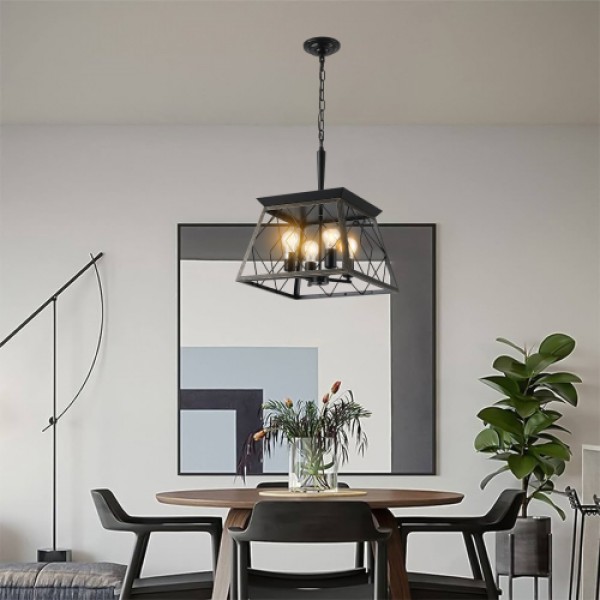16" Black Gold Industrial 4-Light Pendant Chandelier, Modern Metal Cage Design, Adjustable Hanging Light for Dining Room, Kitchen, Living Room (No Bulbs) 