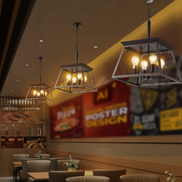 16" Black Gold Industrial 4-Light Pendant Chandelier, Modern Metal Cage Design, Adjustable Hanging Light for Dining Room, Kitchen, Living Room (No Bulbs) 