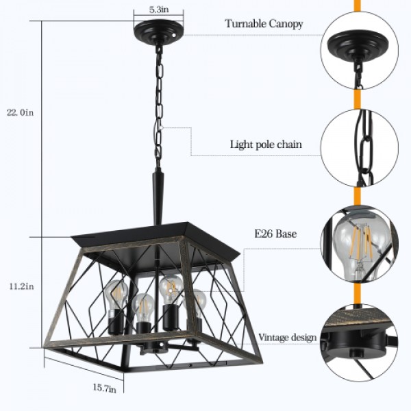16" Black Gold Industrial 4-Light Pendant Chandelier, Modern Metal Cage Design, Adjustable Hanging Light for Dining Room, Kitchen, Living Room (No Bulbs) 