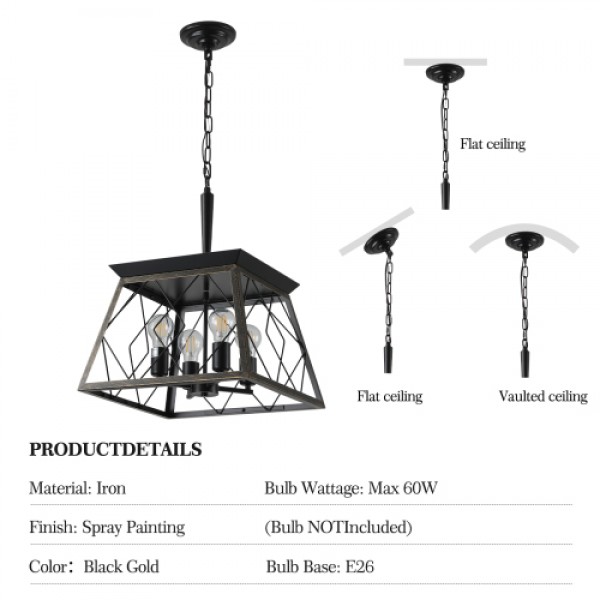 16" Black Gold Industrial 4-Light Pendant Chandelier, Modern Metal Cage Design, Adjustable Hanging Light for Dining Room, Kitchen, Living Room (No Bulbs) 