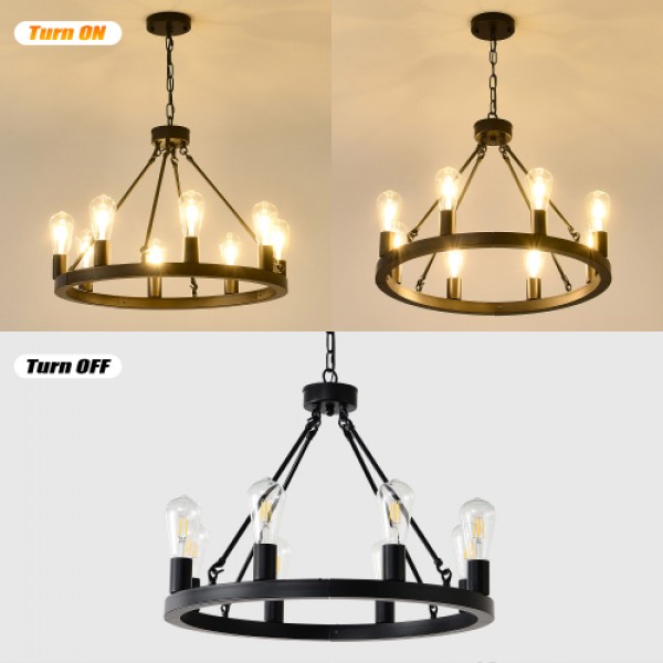 8-Light (No Bulbs) Matte Black Wagon Wheel Chandelier Farmhouse Modern Small Round Chandelier for Living Room Kitchen Island Foyer Hallway Entryway Bedroom Dining Room Light Fixture Ceiling Hanging