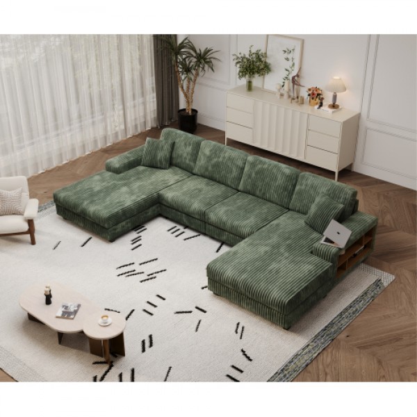 Convertible U-shaped Combination Sofa, Corduroy Fabric, Modern Comfortable Large Size 4 Seat Sofa, Living Room Double Lounge Chair ,Green