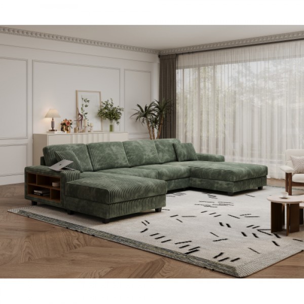 Convertible U-shaped Combination Sofa, Corduroy Fabric, Modern Comfortable Large Size 4 Seat Sofa, Living Room Double Lounge Chair ,Green