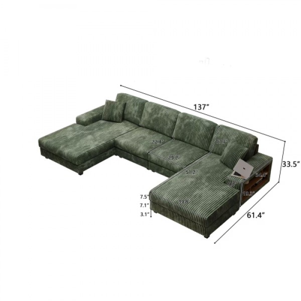 Convertible U-shaped Combination Sofa, Corduroy Fabric, Modern Comfortable Large Size 4 Seat Sofa, Living Room Double Lounge Chair ,Green
