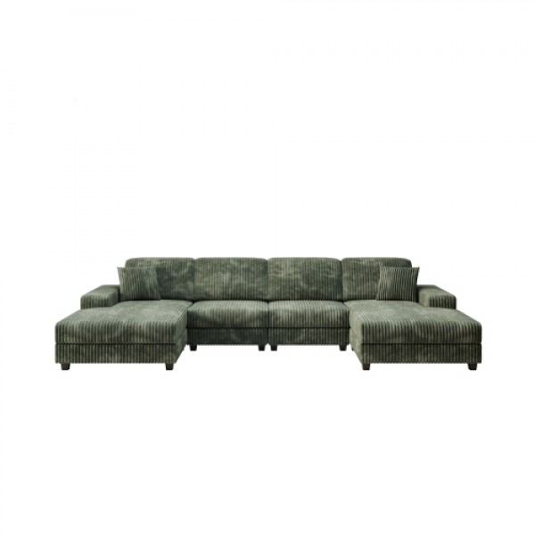 Convertible U-shaped Combination Sofa, Corduroy Fabric, Modern Comfortable Large Size 4 Seat Sofa, Living Room Double Lounge Chair ,Green
