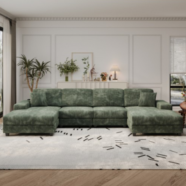 Convertible U-shaped Combination Sofa, Corduroy Fabric, Modern Comfortable Large Size 4 Seat Sofa, Living Room Double Lounge Chair ,Green