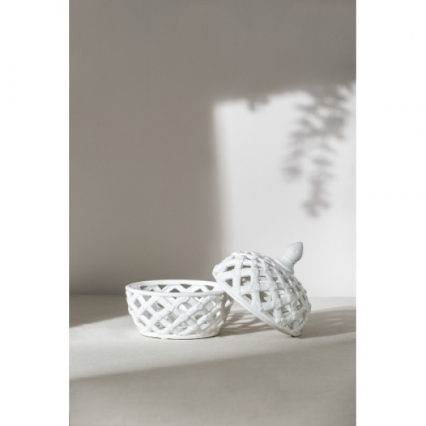 D8x9.5" White Ceramic Lidded Jar with Lattice Design