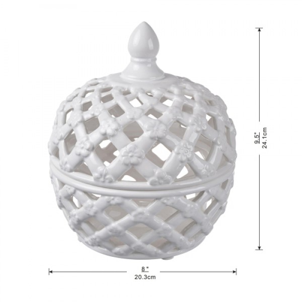 D8x9.5" White Ceramic Lidded Jar with Lattice Design