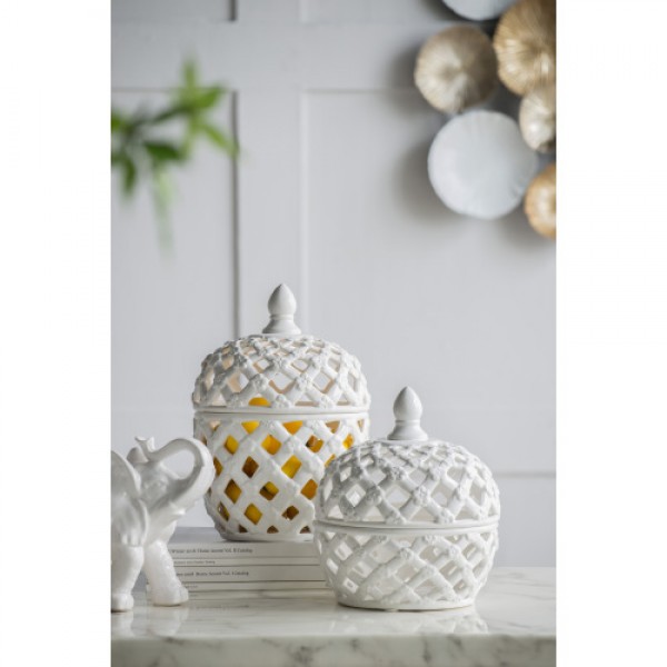 D8x9.5" White Ceramic Lidded Jar with Lattice Design