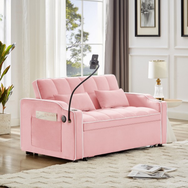 1 versatile foldable sofa bed in 3 lengths, modern sofa sofa sofa velvet pull-out bed, adjustable back and with USB port and ashtray and swivel phone stand (pink)