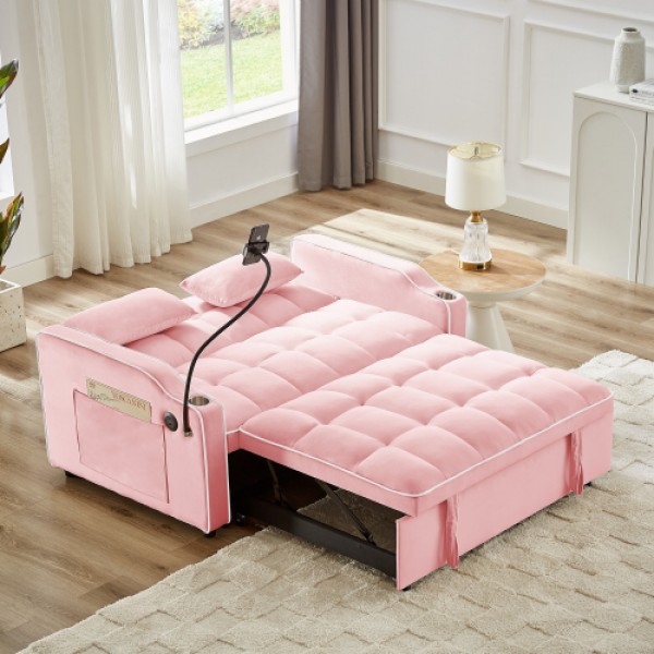 1 versatile foldable sofa bed in 3 lengths, modern sofa sofa sofa velvet pull-out bed, adjustable back and with USB port and ashtray and swivel phone stand (pink)
