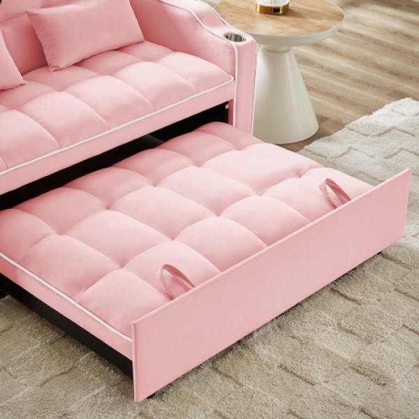 1 versatile foldable sofa bed in 3 lengths, modern sofa sofa sofa velvet pull-out bed, adjustable back and with USB port and ashtray and swivel phone stand (pink)