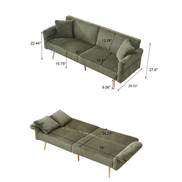 79 inch corduroy sofa bed, foldable double sofa bed with folding armrests, suitable for living rooms and small spaces