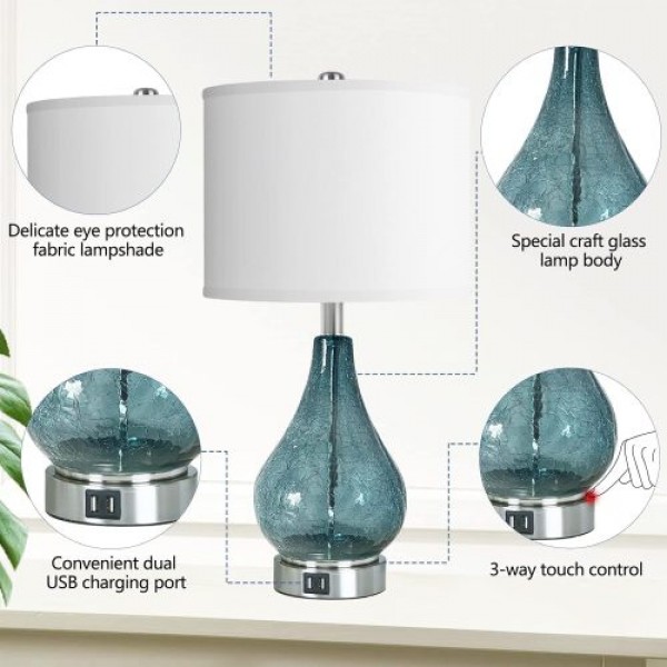 Glass Table Lamp For Living Room Bedroom Set Of 2, 22.5" LED Light With Touch Control, Black 3 Way Dimmable Modern Bedside Lamps For Home Decor With White Fabric Shade, Halloween Christmas