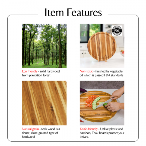 Teak Cutting Board Reversible Chopping Serving Board Multipurpose Food Safe Thick Board, Small Large Size 15.8x15.8x1.25 inches 