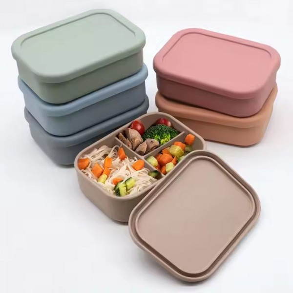Eco-friendly Food Storage Container Kitchen Silicone Bento Lunch Box Container with Lid 3 Compartment Divider for Kid and Adults