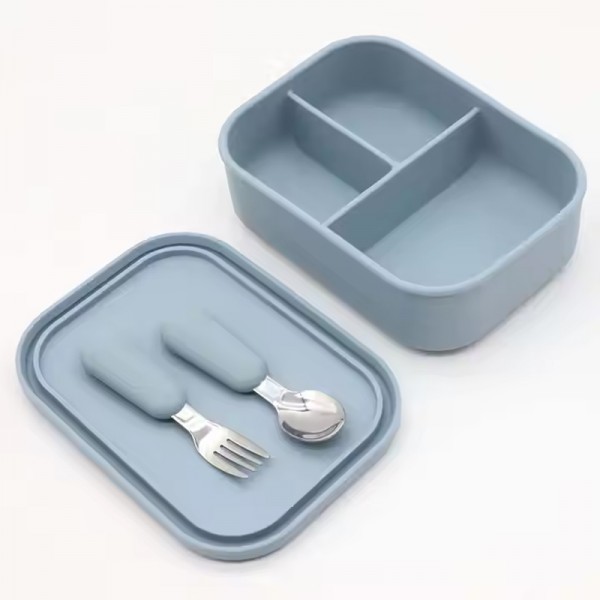 Eco-friendly Food Storage Container Kitchen Silicone Bento Lunch Box Container with Lid 3 Compartment Divider for Kid and Adults
