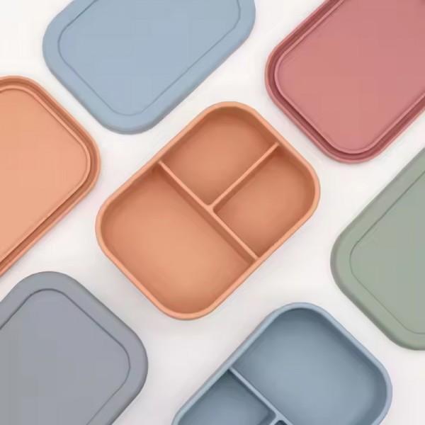 Eco-friendly Food Storage Container Kitchen Silicone Bento Lunch Box Container with Lid 3 Compartment Divider for Kid and Adults
